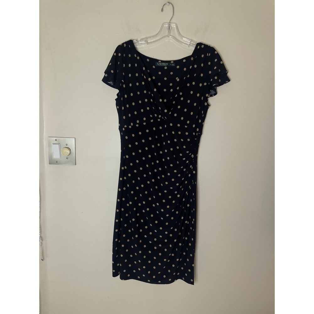 Lauren Ralph Lauren Women’s Work Dress Career Elegant Polka Dot, Fax Wrap Size 8